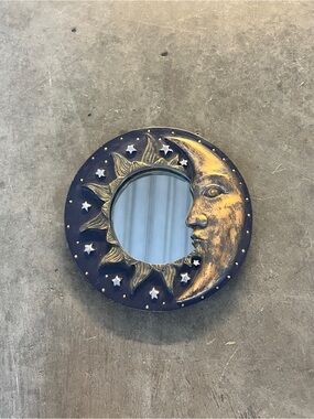 Vintage 90s Whimsigoth Celestial Sun and Moon Mirror - Blue and Gold